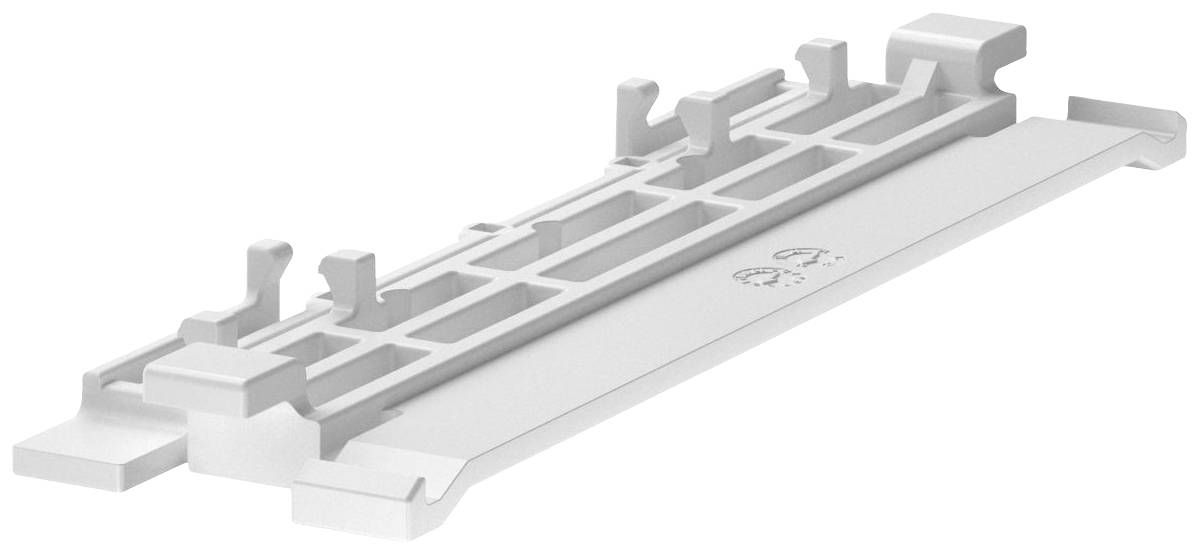 Ein graues Plastikteil mit mehreren Haken und Klammern; möglicherweise ein Teil eines mechanischen oder elektronischen Geräts.