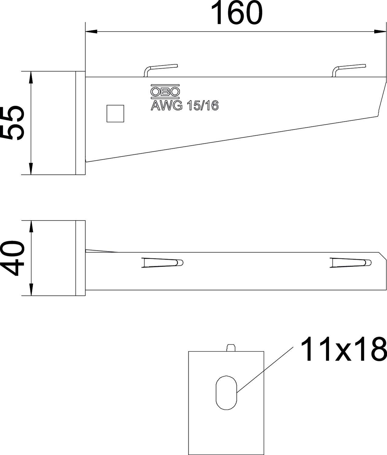 Technische Zeichnung eines rechteckigen Bauteils mit den Maßen 160x55 mm und 11x18 mm Ausschnitt. Markierung 'AWG 15/16'.