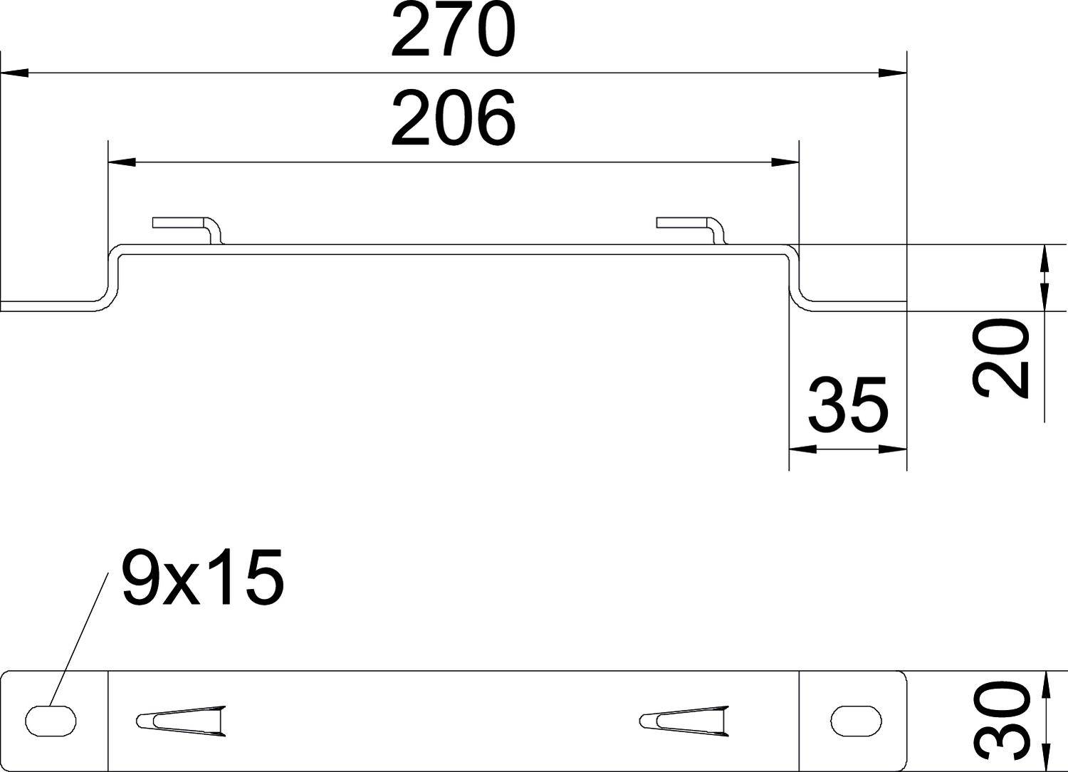 Technische Zeichnung einer Metallhalterung: Breite 270 mm, Höhe 35 mm, Abstand zwischen den Löchern 206 mm, Lochgröße 9x15 mm.