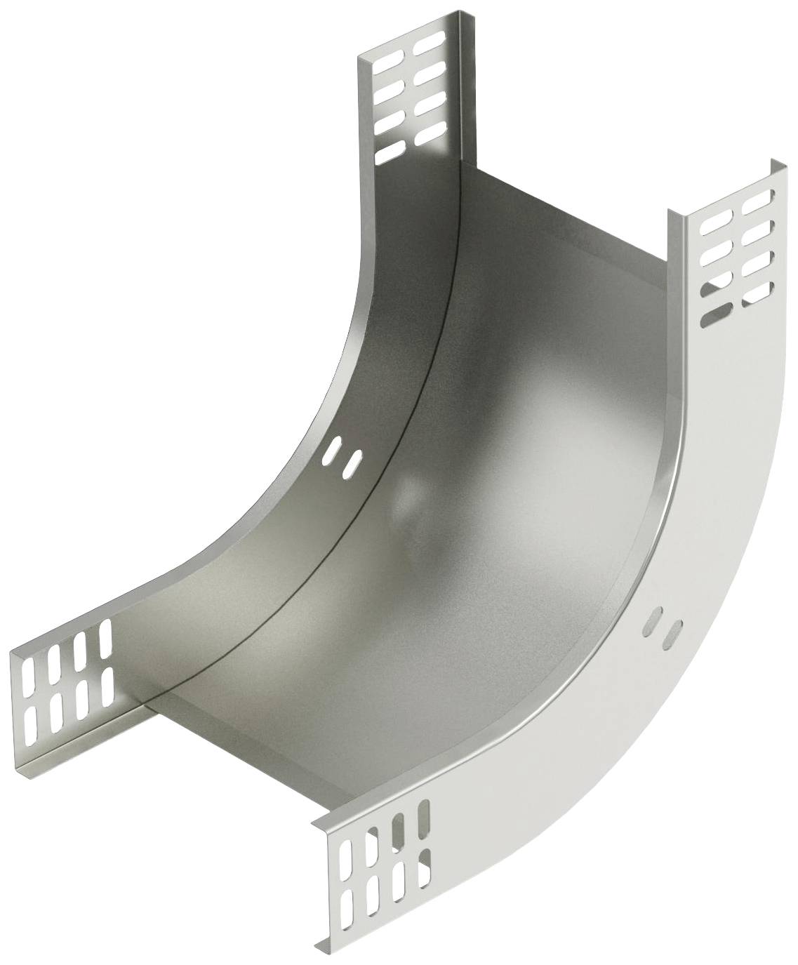 Metallisches Kabelrinnenstück mit gebogener Form, gezeigt aus der Vogelperspektive. Es hat seitlich perforierte Streben zur Befestigung.