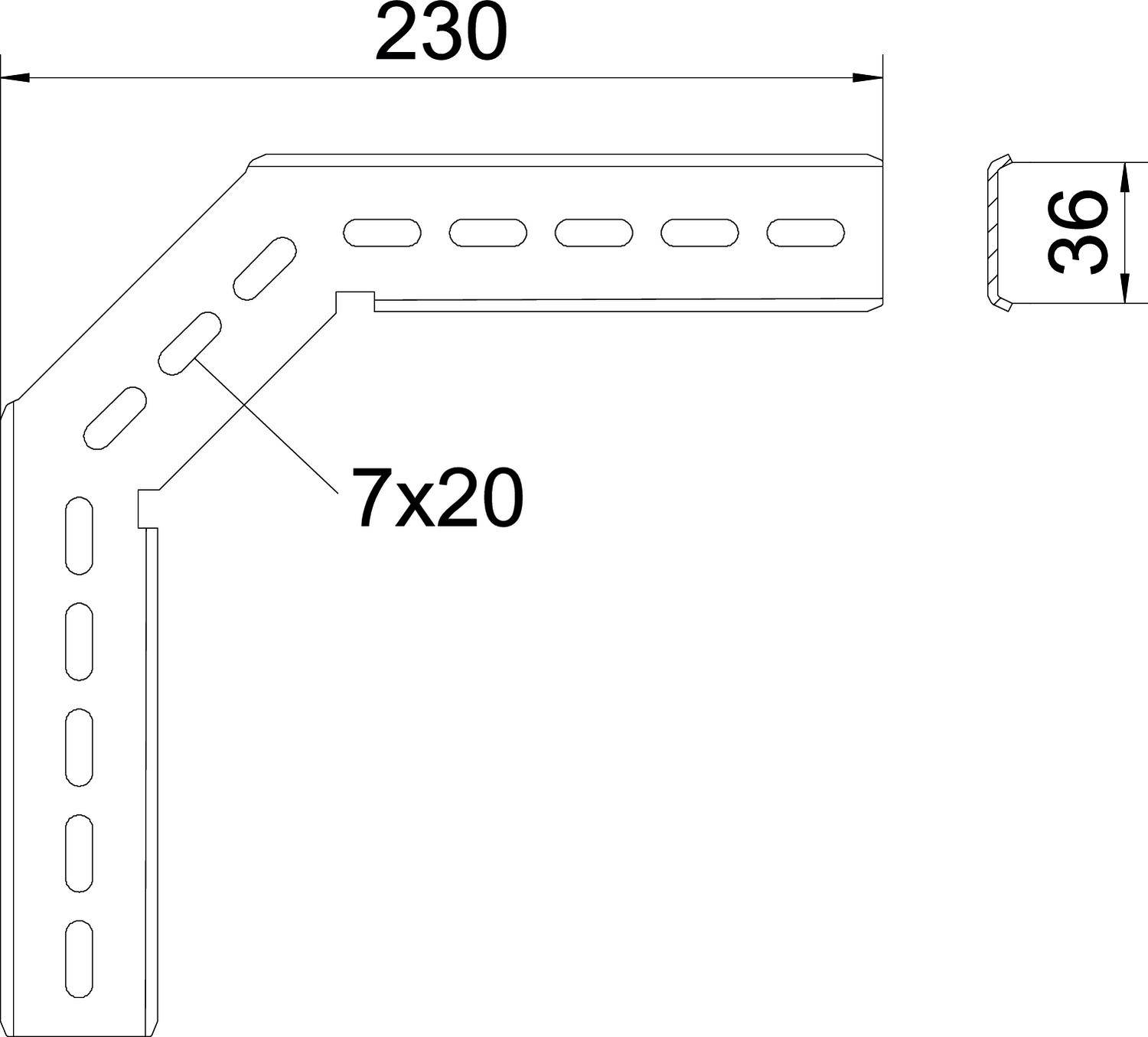 Technische Zeichnung eines L-förmigen Metallwinkels mit Maßen: 230 mm lang, 36 mm breit, Lochgröße 7x20 mm.
