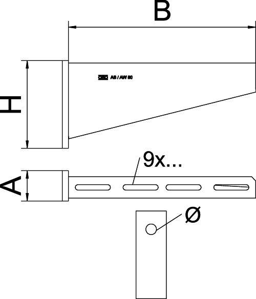 Technische Zeichnung eines Winkels mit den Maßen H, B und A. Markierungen für neun Bohrlöcher und ein kreisförmiges Loch sind sichtbar.
