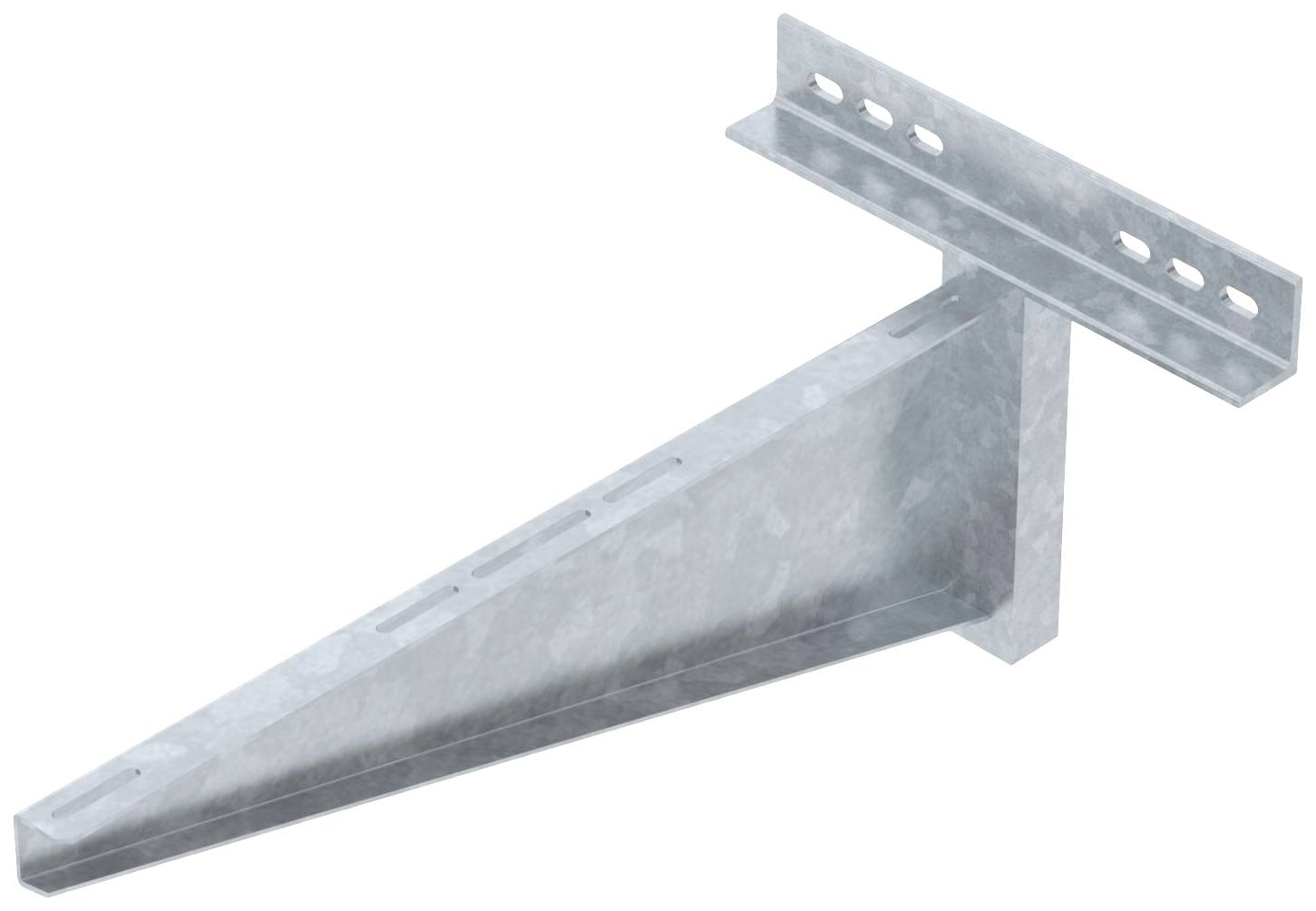 Ein metallischer Regalträger, dreieckige Form, zur Wandmontage mit mehreren Schraubenlöchern.