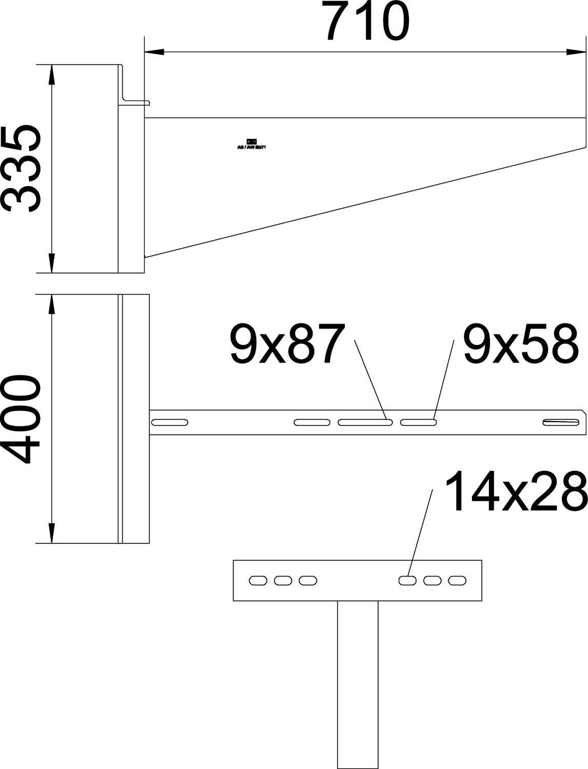 Technische Zeichnung eines Wandträgers mit Maßen: Breite 710 mm, Höhe 335 mm, Kopf 400 mm. Lochabstände 9x87 mm, 9x58 mm, 14x28 mm.