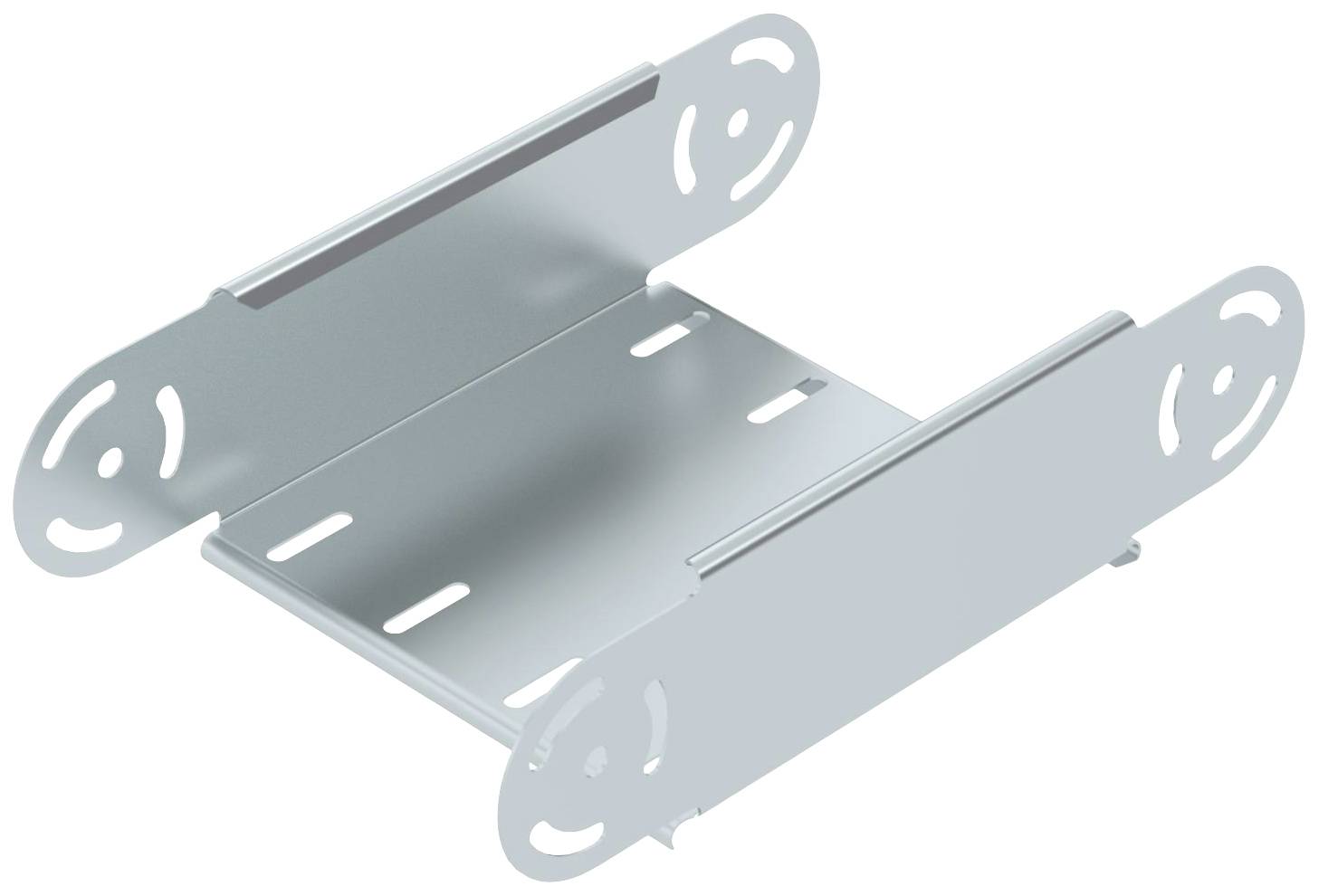 Metallhalterung mit rechteckiger Basis und zwei seitlichen Bügeln, geeignet für die Befestigung von Komponenten oder Geräten.