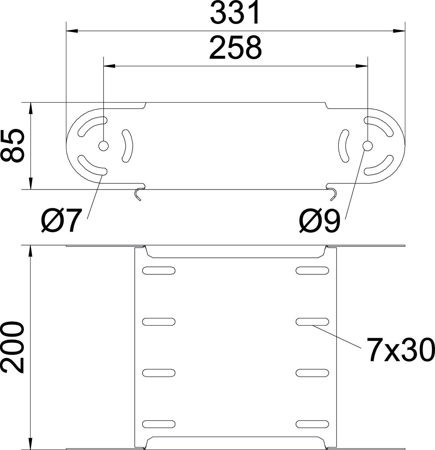 Technische Zeichnung eines Metallbauteils mit Bohrlöchern von Ø7 und Ø9 mm, Gesamtbreite 331 mm, Höhe 200 mm, Detailansicht oben.