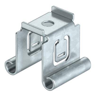 Ein silbernes Metallhalterungsclip, das speziell für die Befestigung von Objekten konzipiert ist, mit einem zentralen Loch und seitlichen Klemmen.