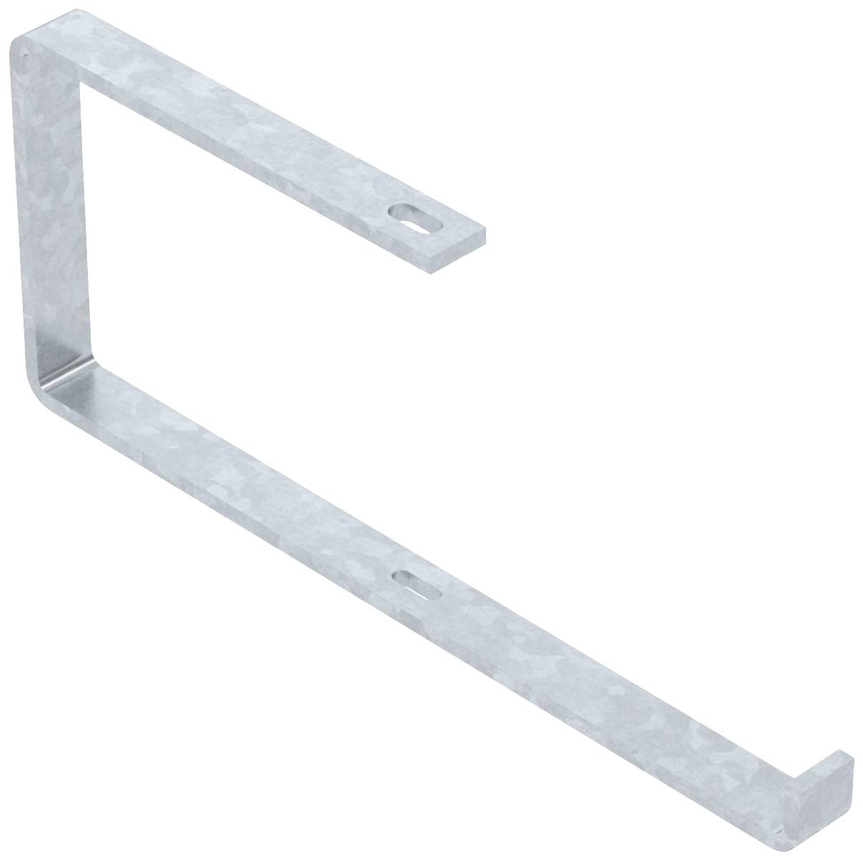 Ein L-förmiger Metallwinkel, grau verzinkt, mit Löchern zum Befestigen. Er wird häufig zur Stabilisierung von Regalen oder Strukturen genutzt.