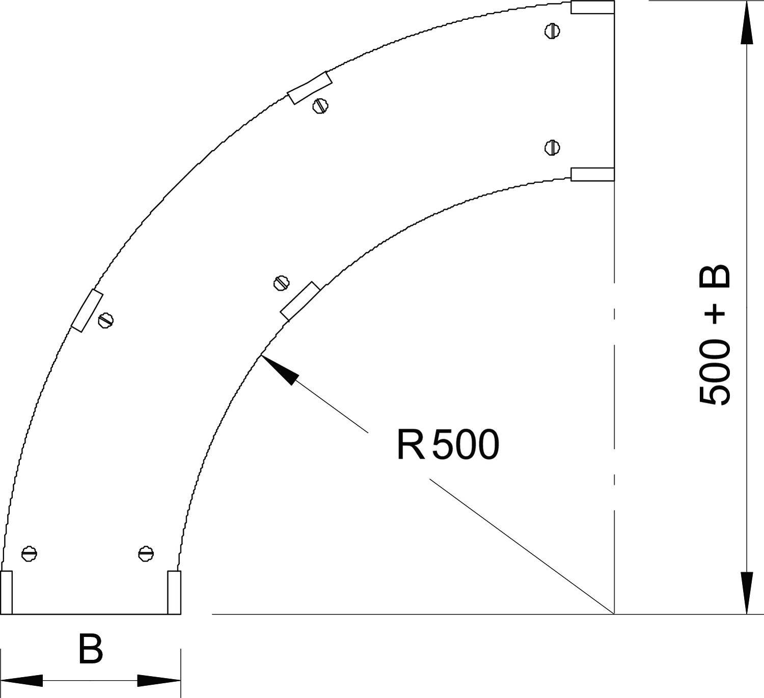 Bauplan zeigt ein rundes Bauteil mit Radius 500 mm und Höhe 500 + B mm. Schraubenpositionen sind markiert.