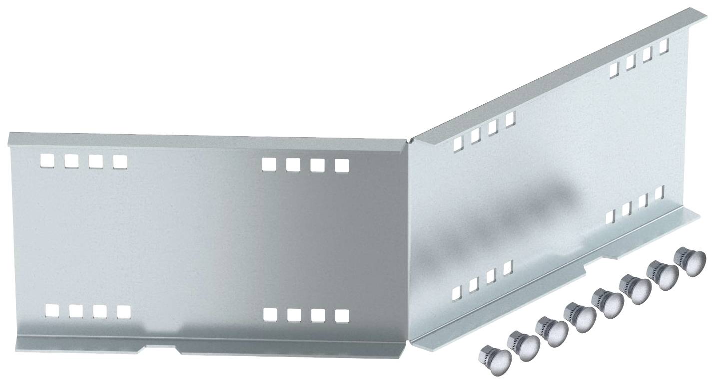 Metallplatte mit gestanzten Löchern und Z-förmigem Profil neben sechs Schrauben, vermutlich Teil eines Regalsystems oder Montagezubehörs.