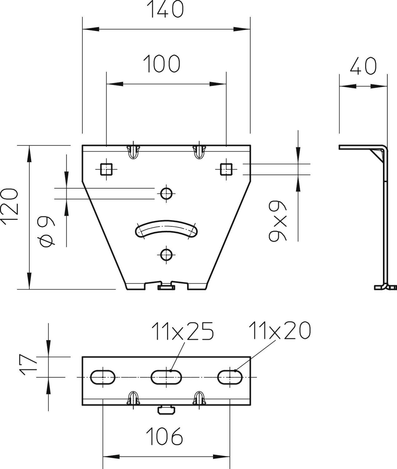 Technische Zeichnung eines Bauteils mit verschiedenen Maßen und Ansichten. Oben, seitlich und frontal dargestellte Perspektiven.