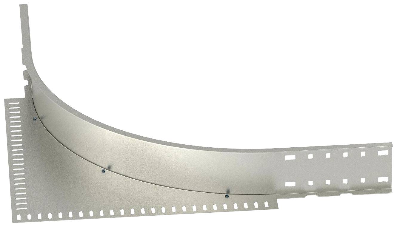 Metallisches Kabelkanal-Bogenelement, silbern, mit vorgebohrten Löchern für die Montage, geeignet für Kabelverbindungen in Gebäuden.