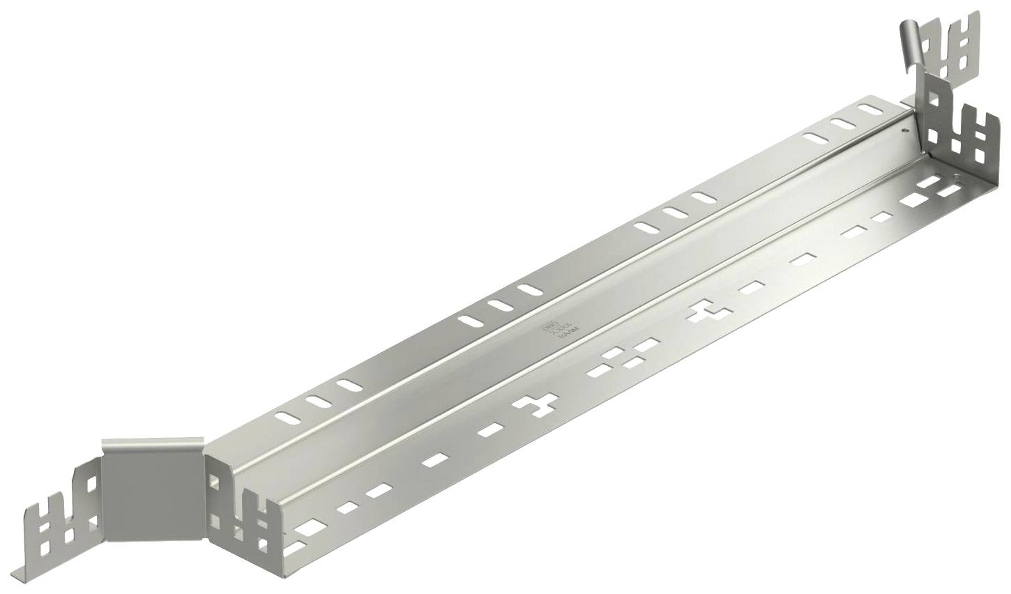 Metallischer Kabelkanalhalter mit rechteckiger Form. Er besitzt seitliche Befestigungslaschen mit Lochmuster für die Montage.