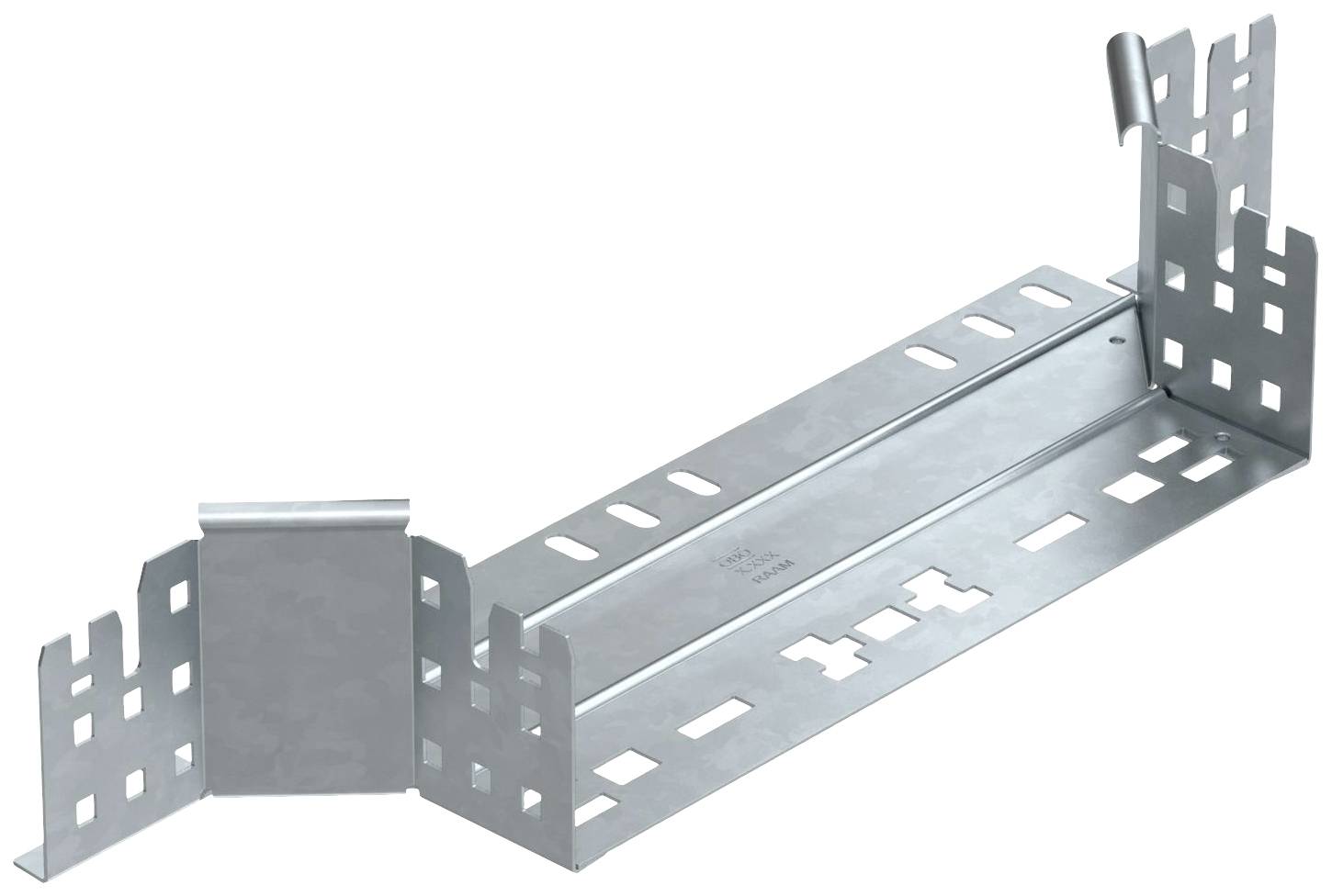 Ein Metallprofilhalter, vermutlich zur Unterstützung von Bau- oder Konstruktionselementen, mit perforierten Seiten zur Befestigung.