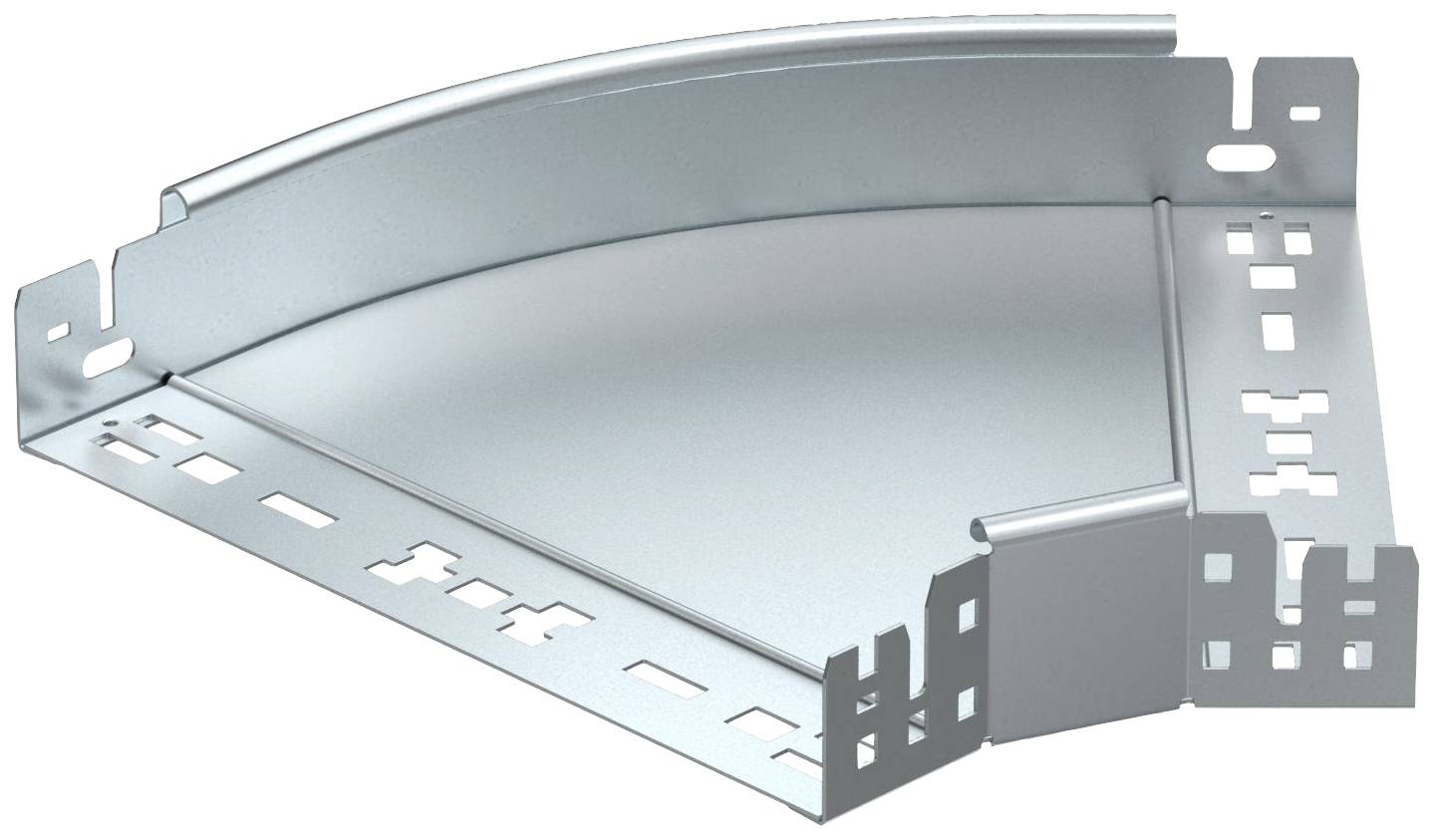 Metallisches Kabelrinnenbogenstück in 90 Grad Winkel, silberfarben, perforiert zur Kabelverlegung. Geeignet für industrielle Anwendungen.
