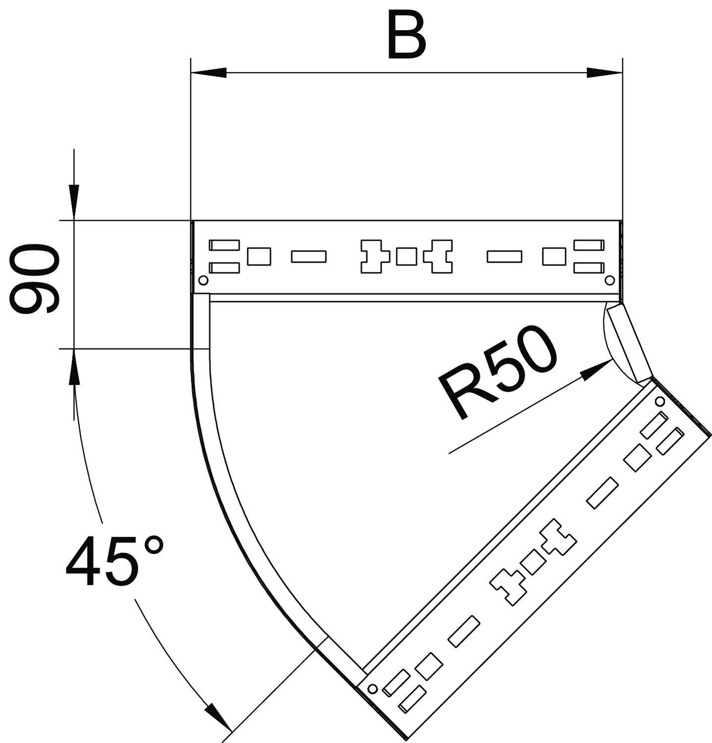 Technische Zeichnung eines Kabelkanal-Bogens mit 45-Grad-Winkel, Radius R50, Höhe 90 mm, Breite 'B'.