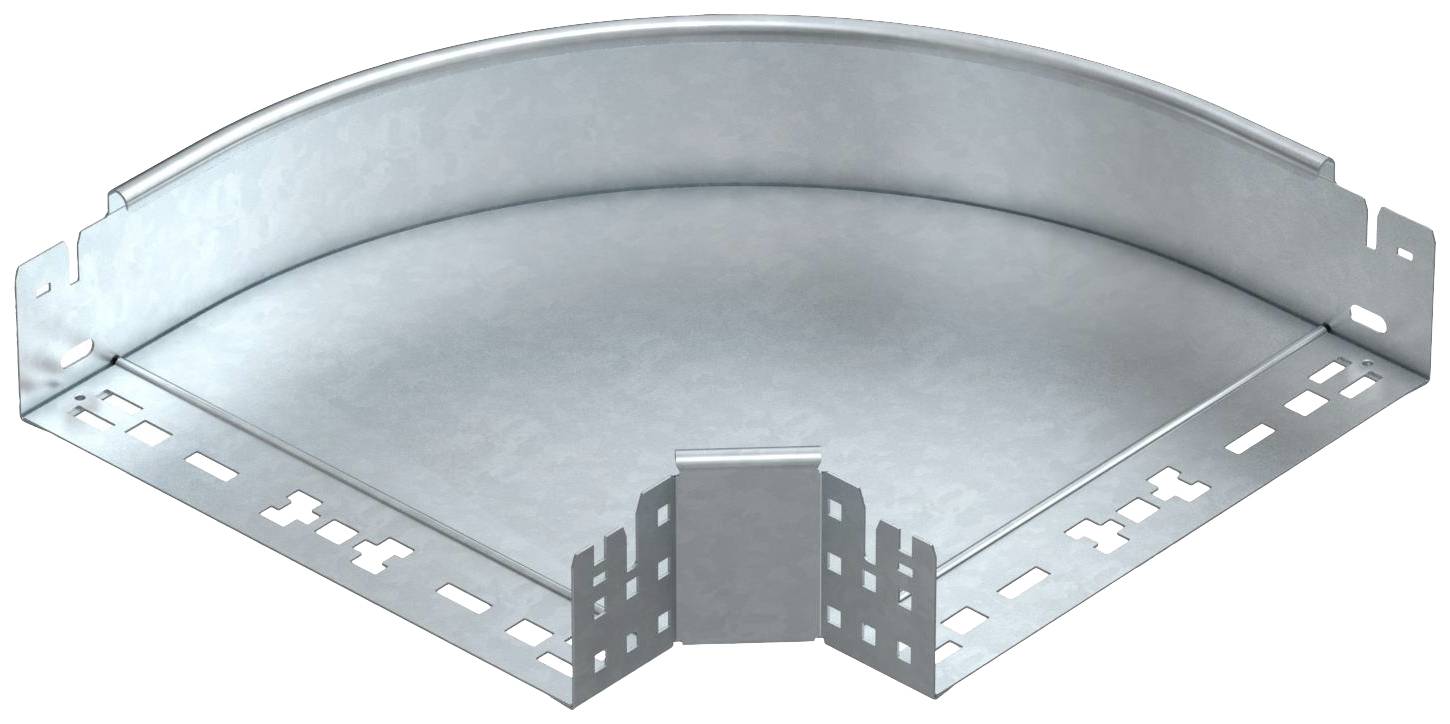 Ein gewinkeltes metallisches Kabelkanalstück mit seitlichen Befestigungslöchern, geeignet für die Unterstützung von Kabeln in Ecken.