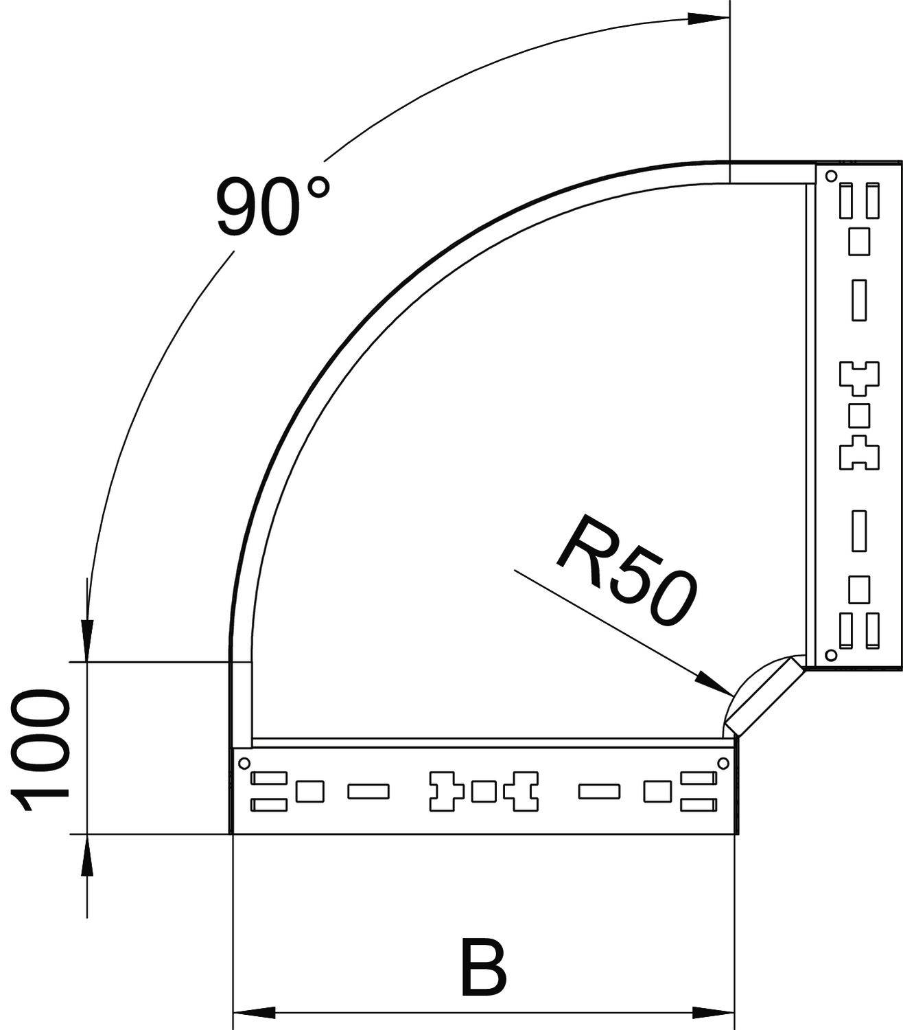 Diagramm einer Kabeltrasse mit 90°-Kurve, Radius R50, Höhe 100, Breite B.