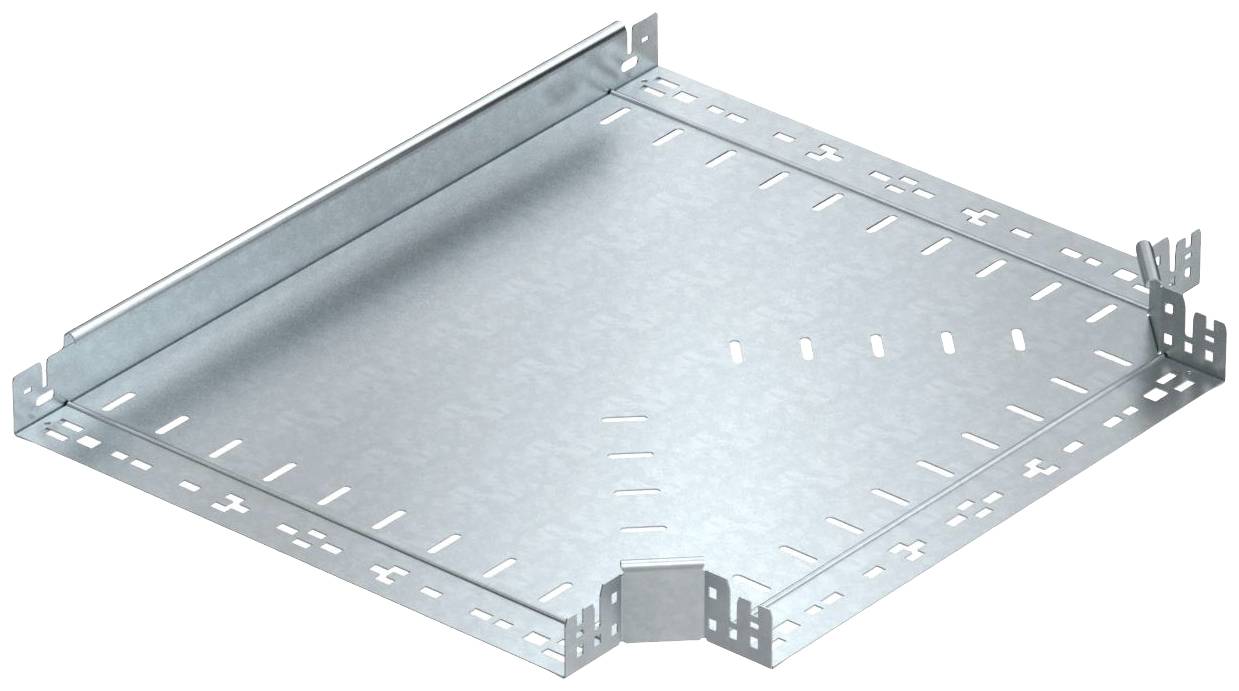 Metallisches Kabelkanalbauteil mit Eckform, flach und gelocht, zur Verbindung von Kabelkanälen in einem Netzwerk- oder Versorgungsinstallationssystem.