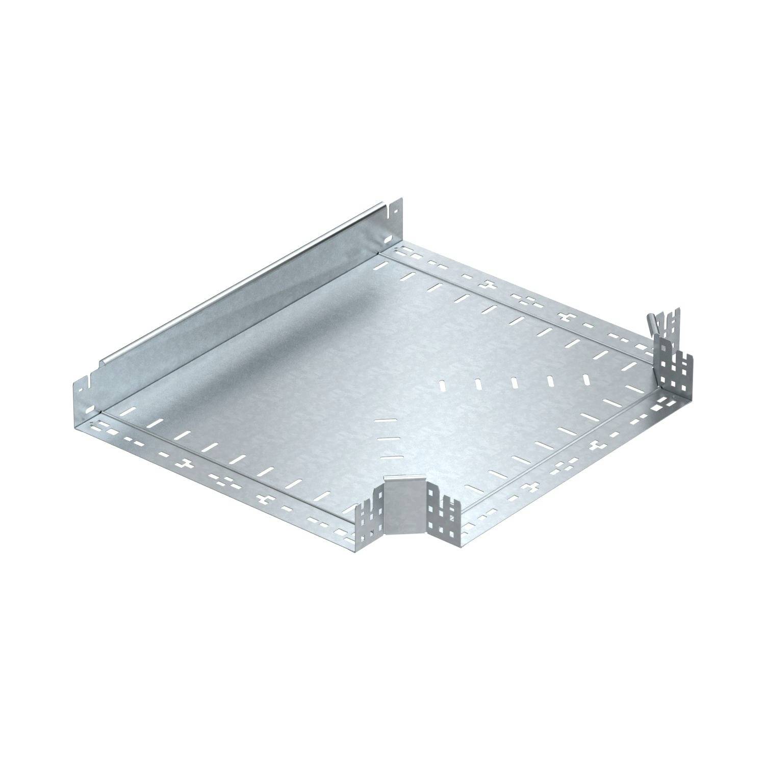 Ein metallisches, verzinktes Bauteil eines Kabelträger-Systems mit rechteckiger Form und seitlichen Befestigungsstellen.