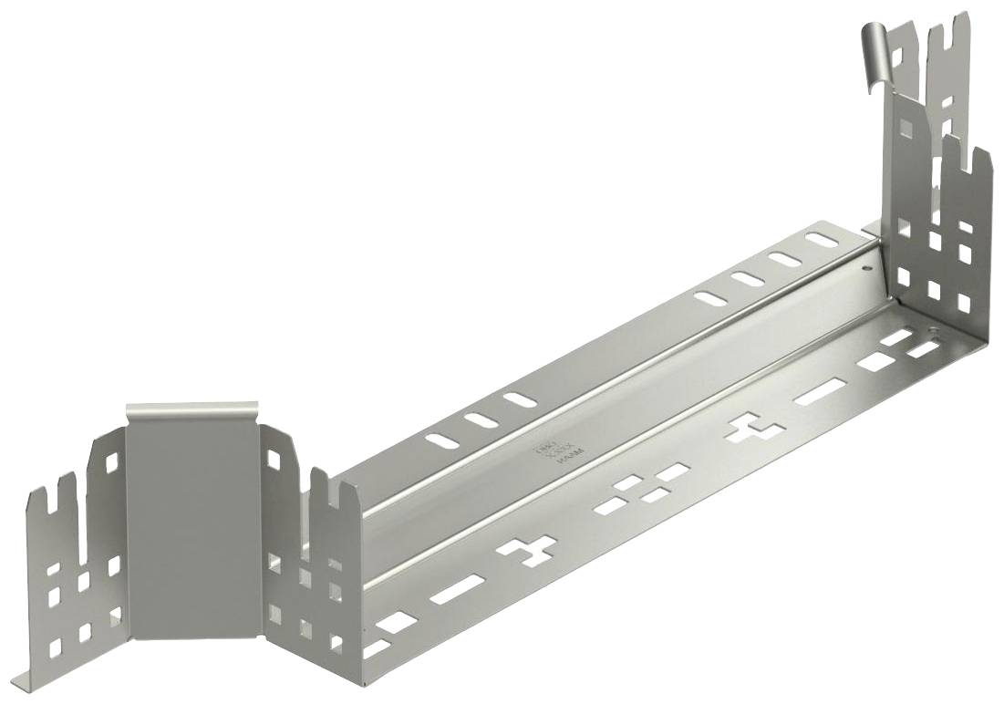 Metallischer Kabelkanalhalter mit Schlitzen und erhöhter Haltevorrichtung, zur Befestigung von Kabelkanälen an Wänden oder Decken.