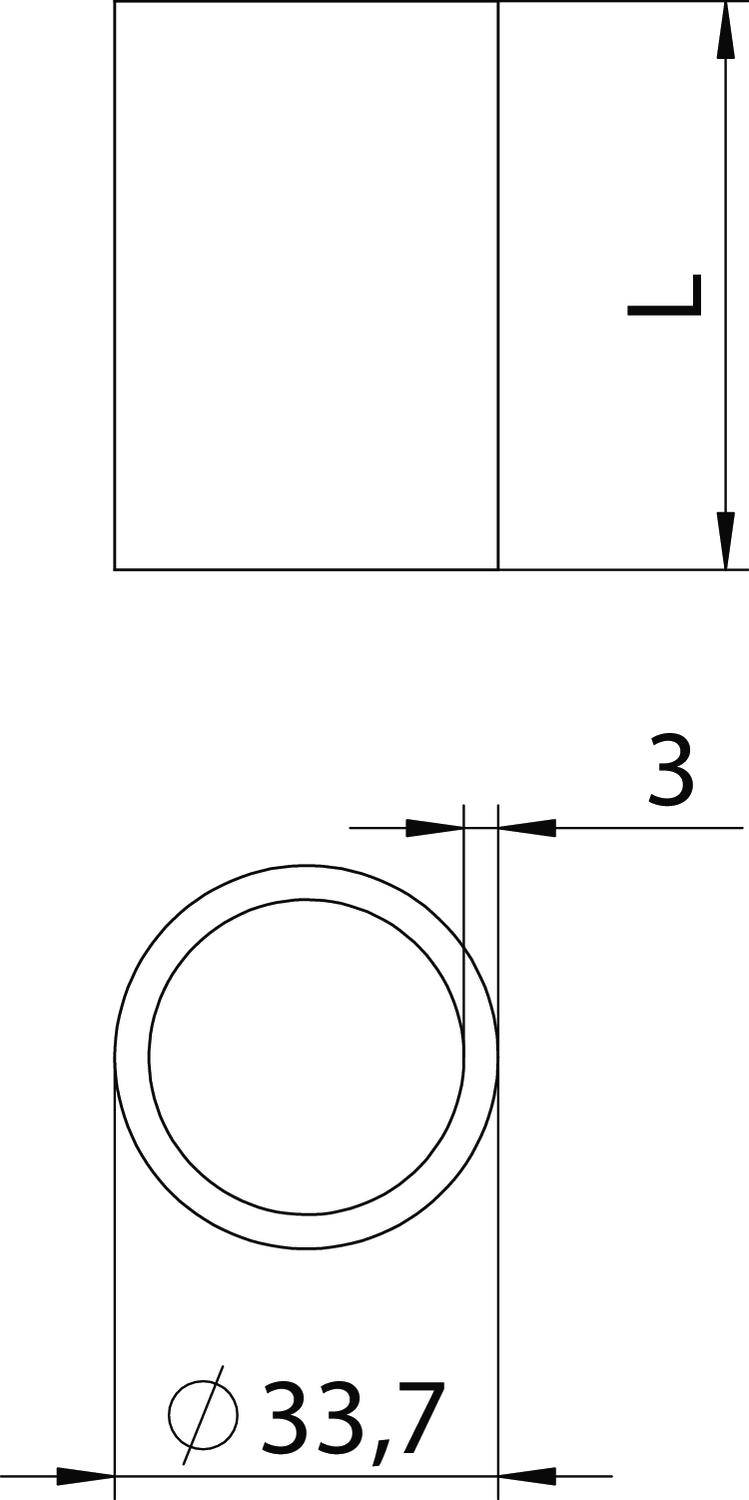 Technische Zeichnung eines Rohres mit einem Durchmesser von 33,7 mm und einer Länge von 3 mm. Zeigt Vorderansicht und Seitenansicht.