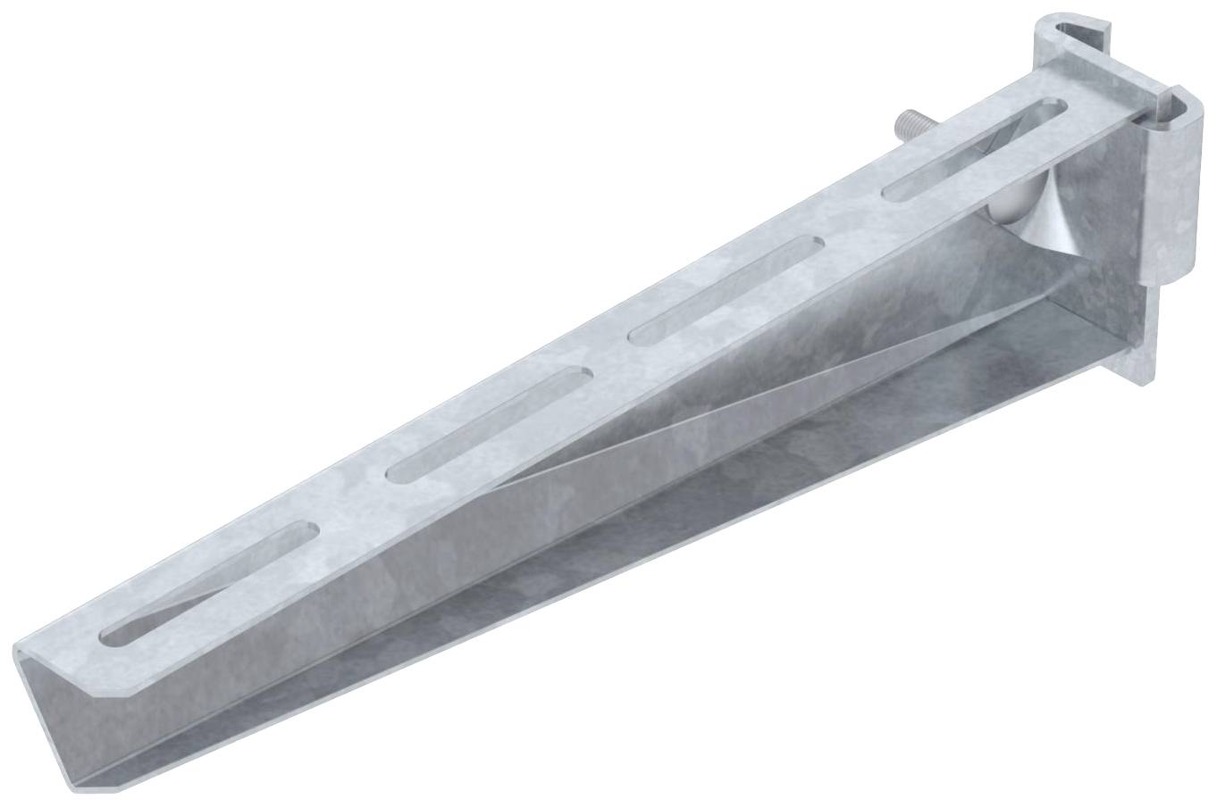Metallwinkelträger aus grauem Stahl mit länglichen Schlitzen. Geeignet für den Einsatz in struktureller Unterstützung und Installation.