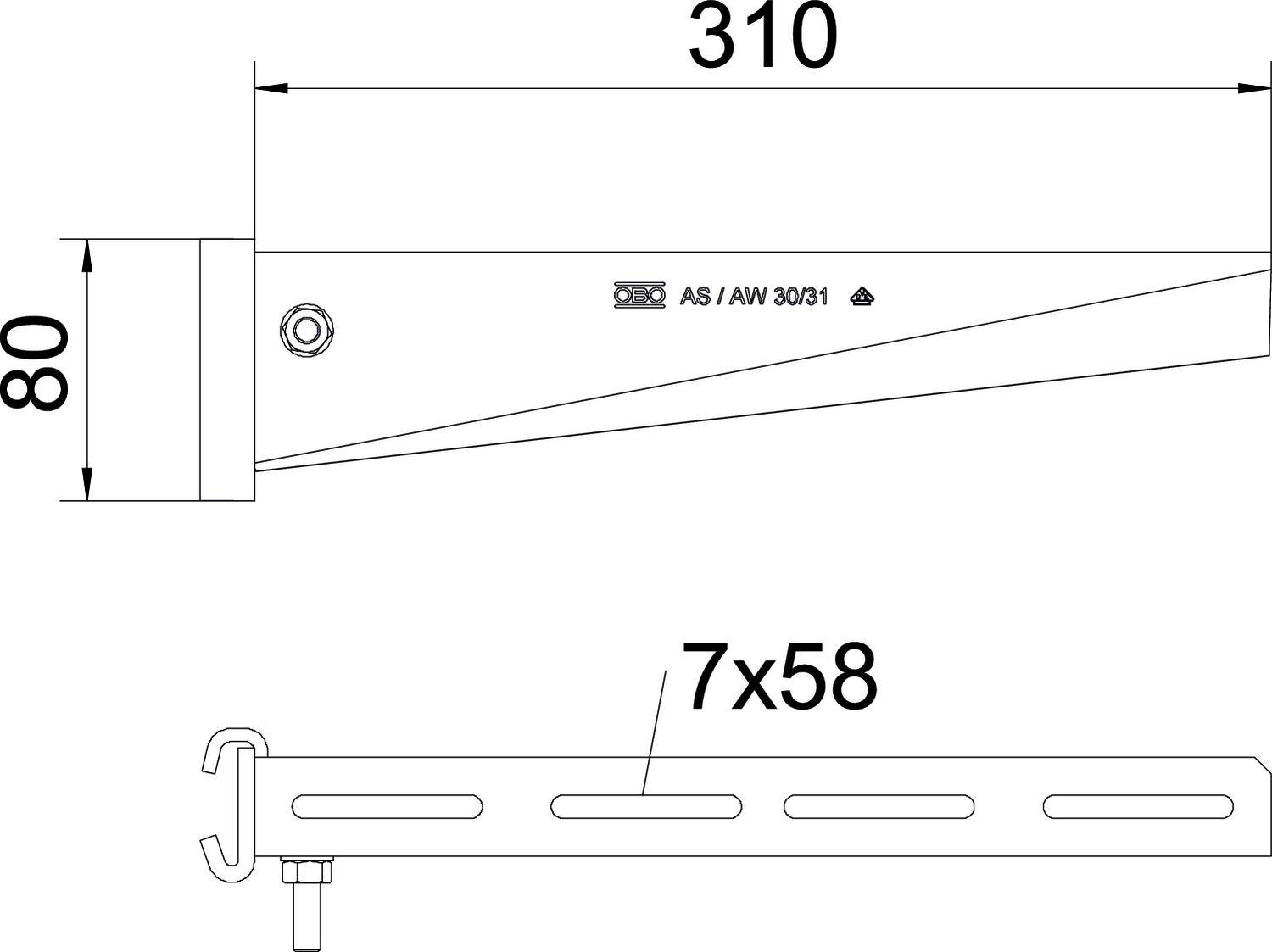 Technische Zeichnung eines Wandkonsolenträgers mit Maßen: Länge 310 mm, Höhe 80 mm, Befestigungslöcher 7x58 mm.