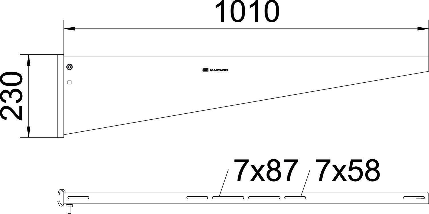 Technische Zeichnung eines Wandträgers mit den Maßen 1010 mm Länge und 230 mm Höhe. Enthält Schlitze: 7x87 mm und 7x58 mm.