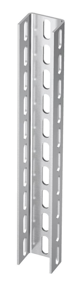 Ein silbernes, perforiertes Metallprofil, das üblicherweise für Regalsysteme oder Konstruktionen verwendet wird.