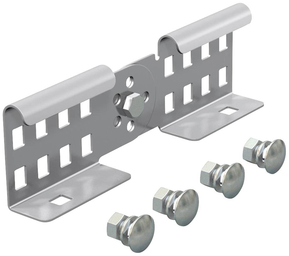 Metallhalterung mit Schlitzen und mittiger Schraubenklemme; vier zusätzliche Schrauben rechts. Geeignet zur Befestigung von Material.