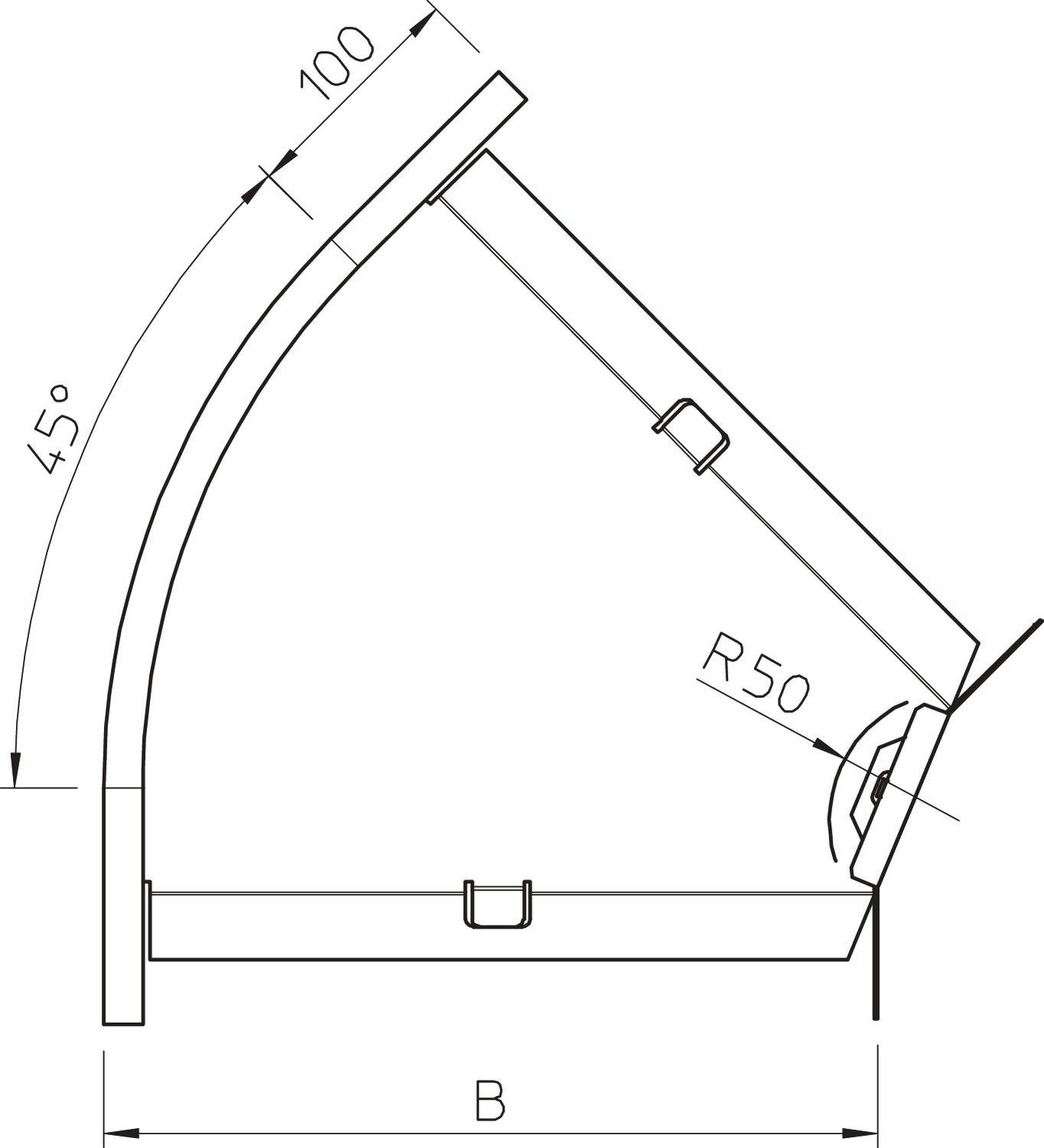 Technische Zeichnung eines Winkelprofils mit einem 45° Winkel, Radius R50, Längenmaß 100, Basis B, zwei Schrauben und einer Klemme.