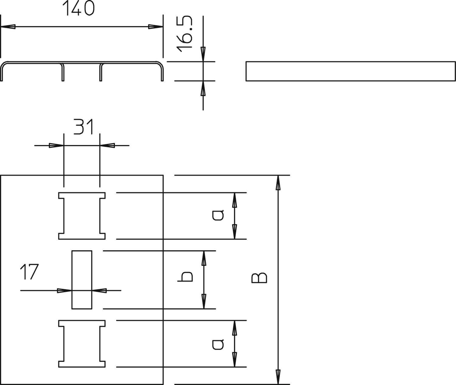 Technische Zeichnung eines Bauteils mit Maßen: Länge 140 mm, Höhe 16,5 mm, Breite 31 mm. Markierungen bei 17 mm und relevante Bereiche a und b.