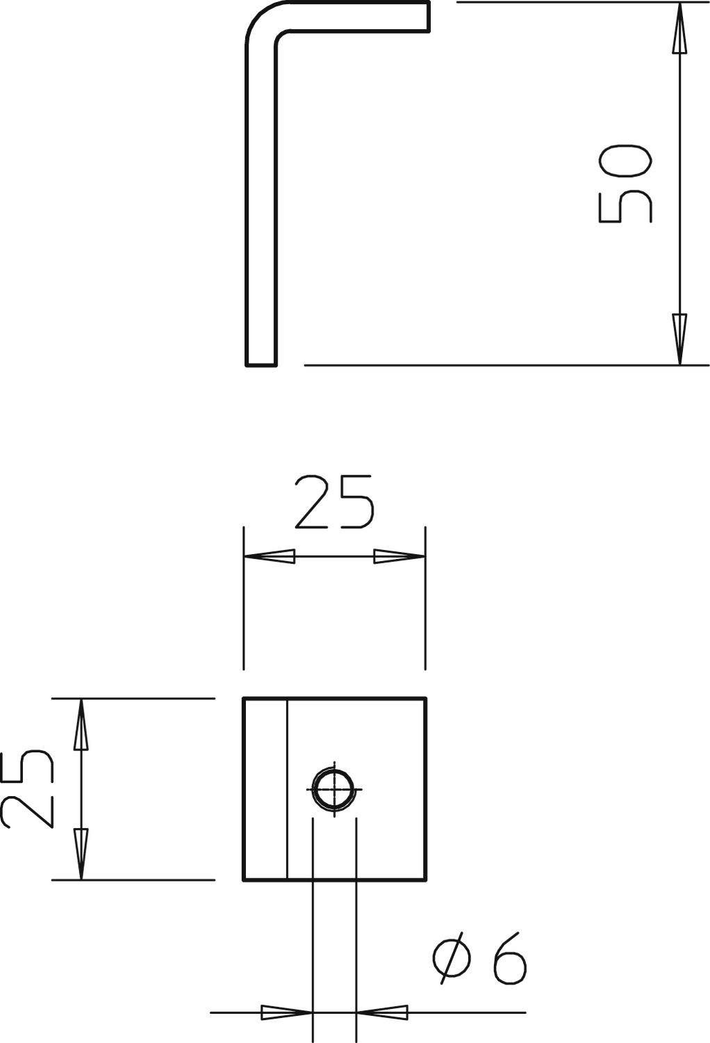 Technische Zeichnung eines Winkels mit zwei Ansichten. Oben: Seitenansicht eines 90-Grad-Winkels, Höhe 50 mm. Unten: Vorderansicht, Breite 25 mm, Lochdurchmesser 6 mm.