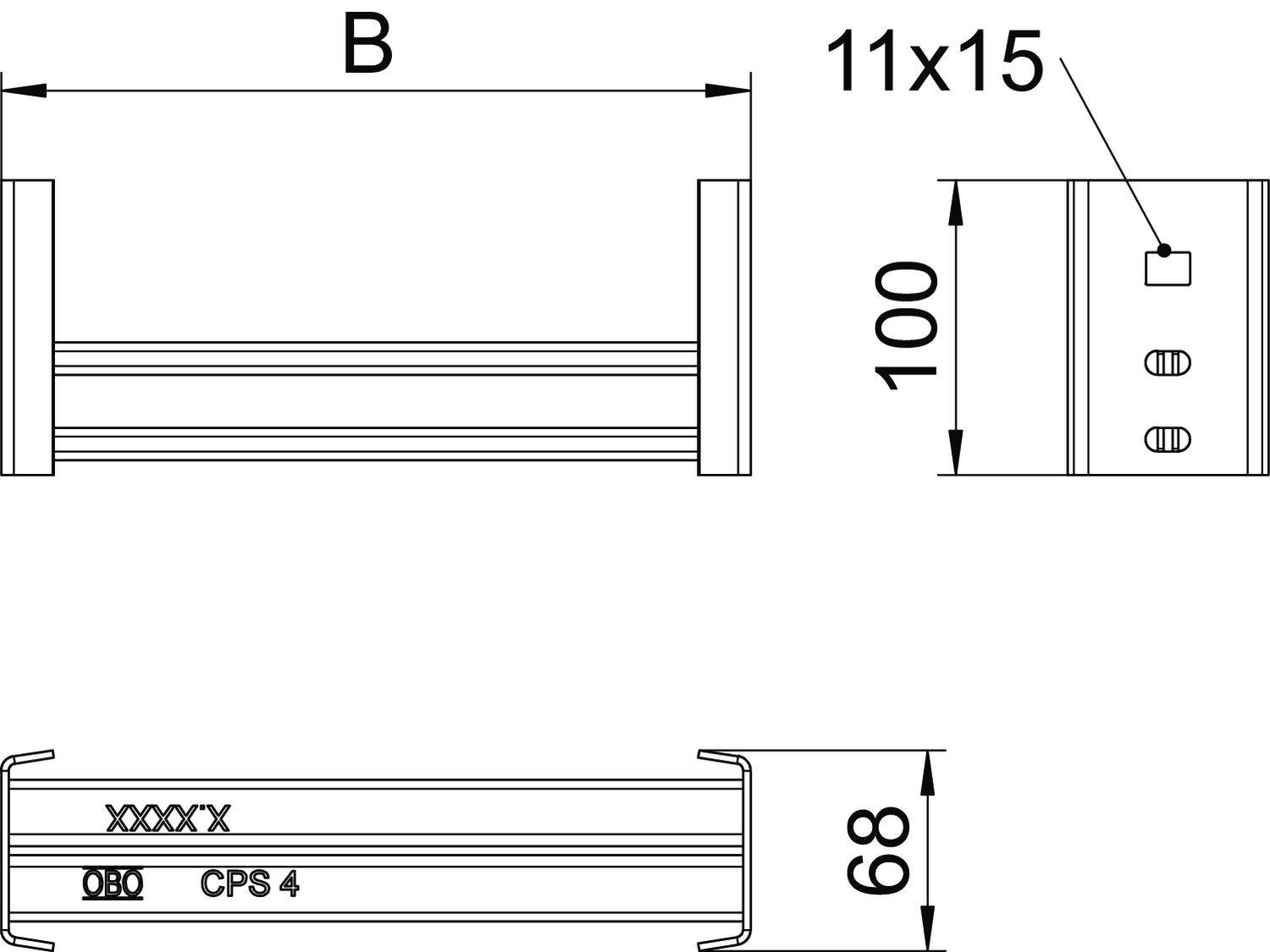 Technische Zeichnung eines rechteckigen Bauteils mit Maßen: Höhe 68 mm, Breite B mm, und Bohrung 11x15 mm. Bezeichnung 'CPS 4'.