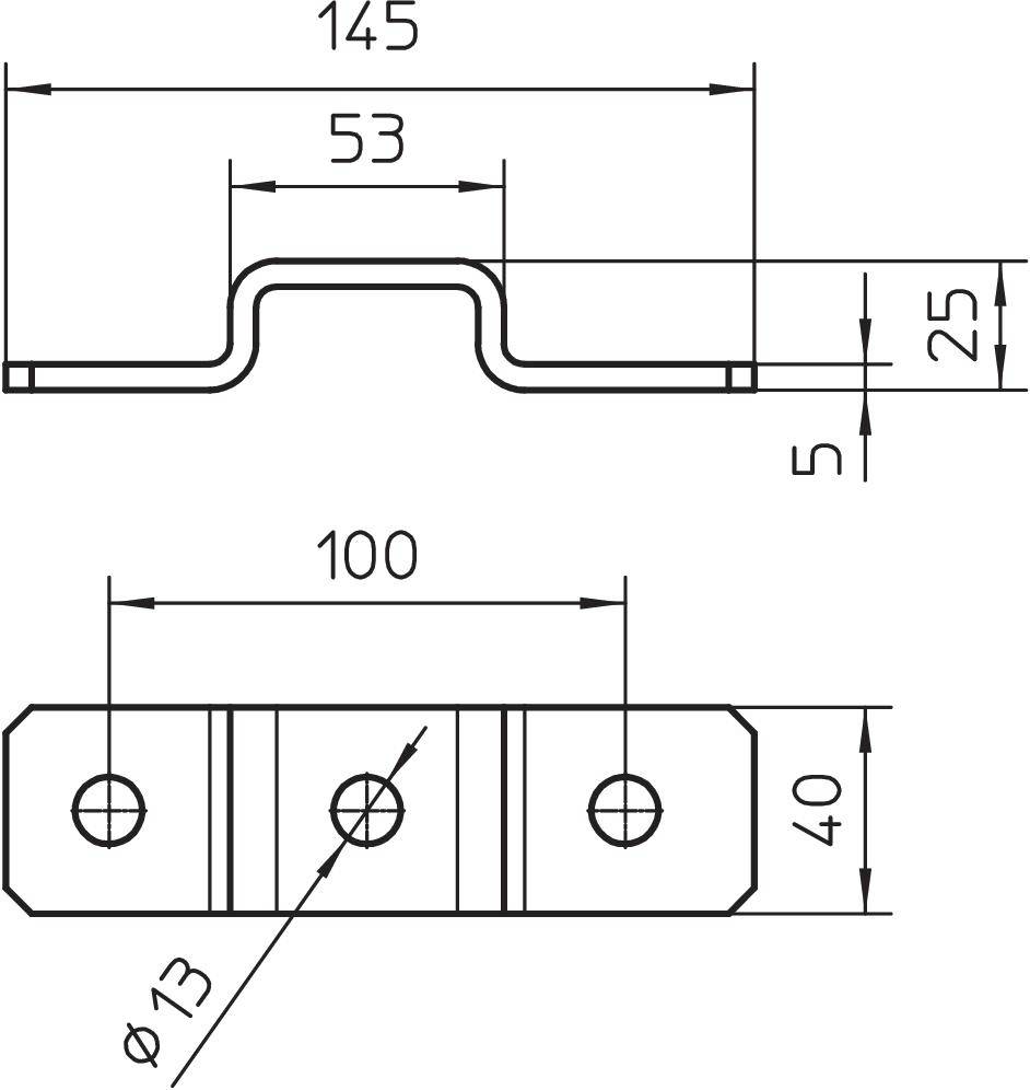 Technische Zeichnung einer Metallhalterung mit Maßen: Länge 145 mm, Breite 40 mm, Höhe 25 mm. Löcher mit 13 mm Durchmesser.