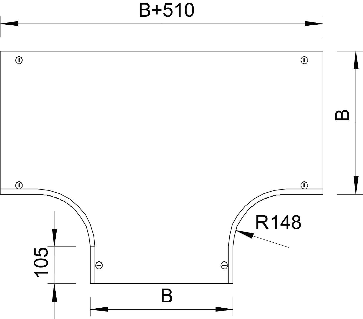 Technische Zeichnung eines rechteckigen Bauteils mit abgerundeter Aussparung unten. Maße: 'B+510', 'B', Breite der Aussparung 'R148', Höhe 105.