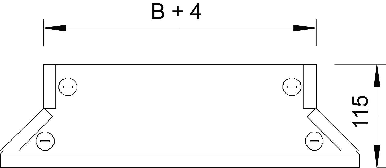 Technische Zeichnung eines Bauteils mit der Breite B+4 und der Höhe 115. Schraubenlöcher an den Ecken sind angezeigt.