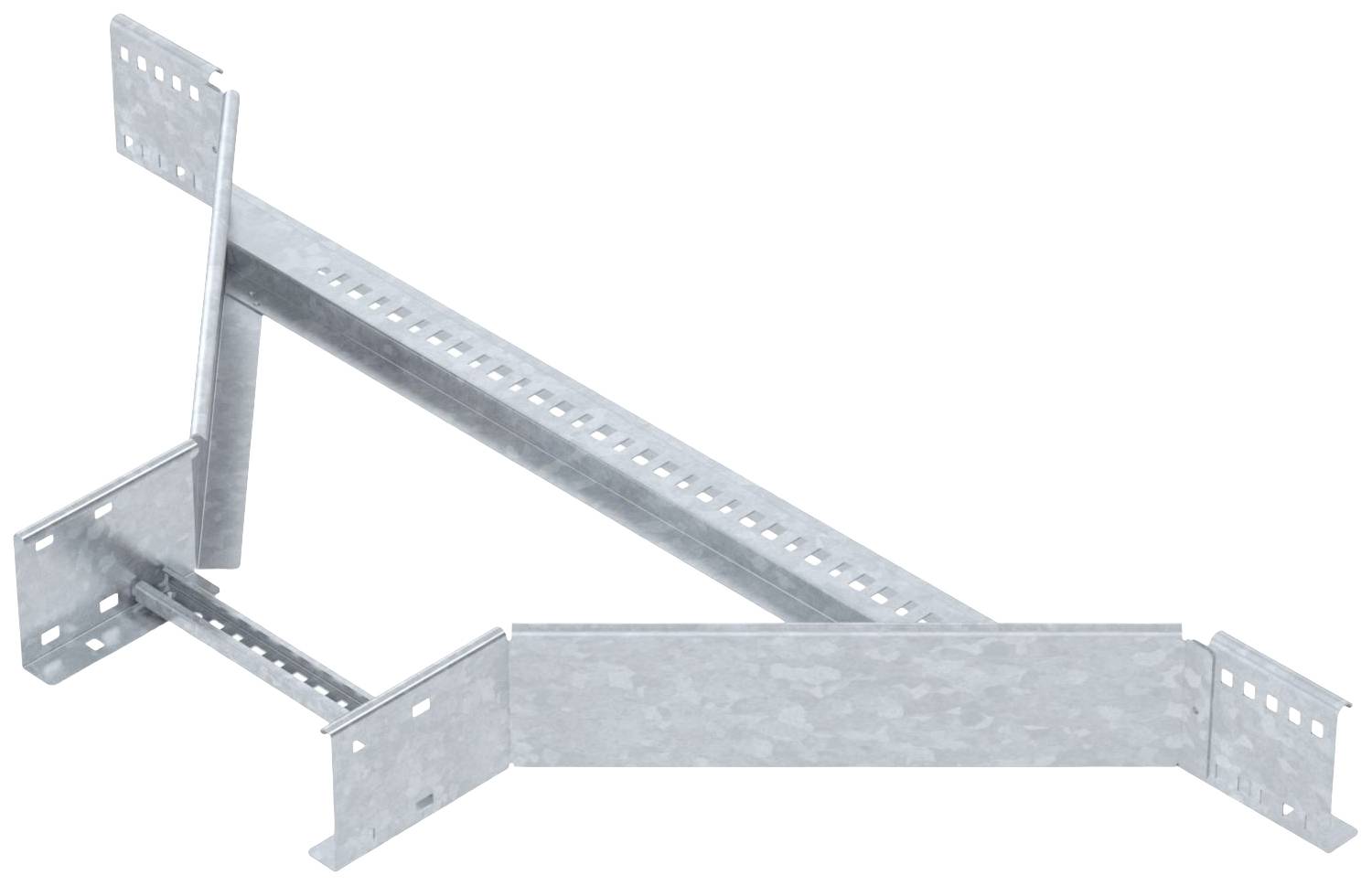 Metallschienenhalterung mit Löchern, seitlichen Stützen und zwei verlängerten Befestigungsarmen.