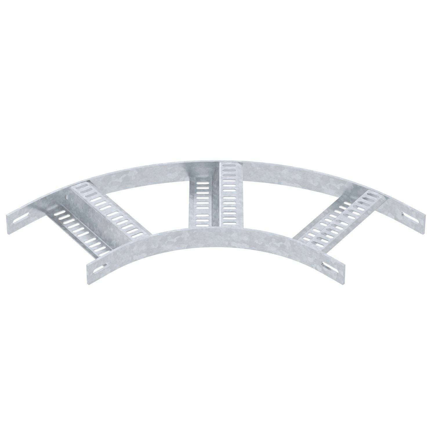 Abgebildet ist ein verzinkter Bogen eines Kabelträgersystems, der eine horizontale Richtungsänderung um 90 Grad ermöglicht.