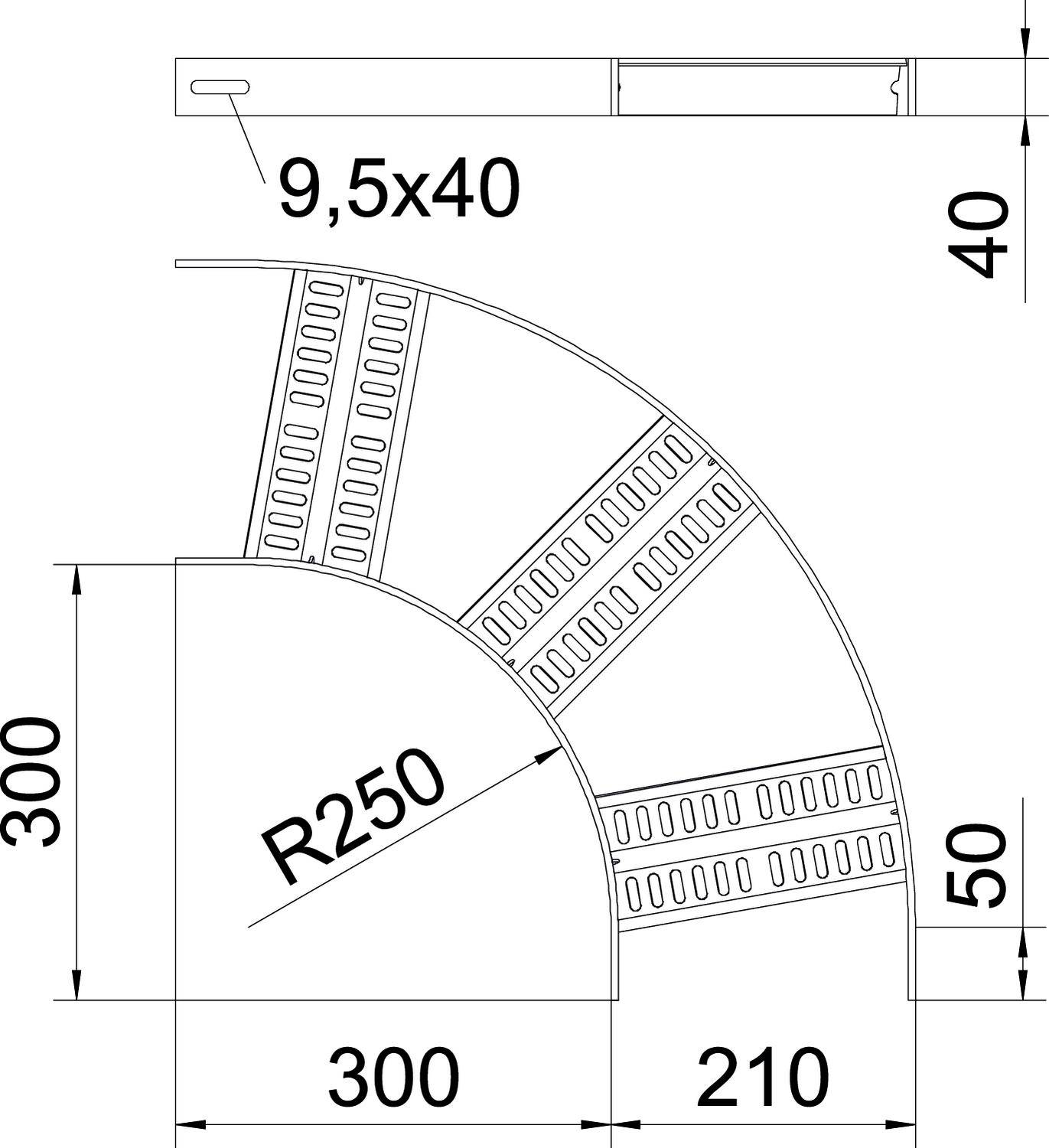 Technische Zeichnung eines gebogenen Metallprofils mit den Maßen: Radius 250 mm, Breite 300 mm, Länge 210 mm.