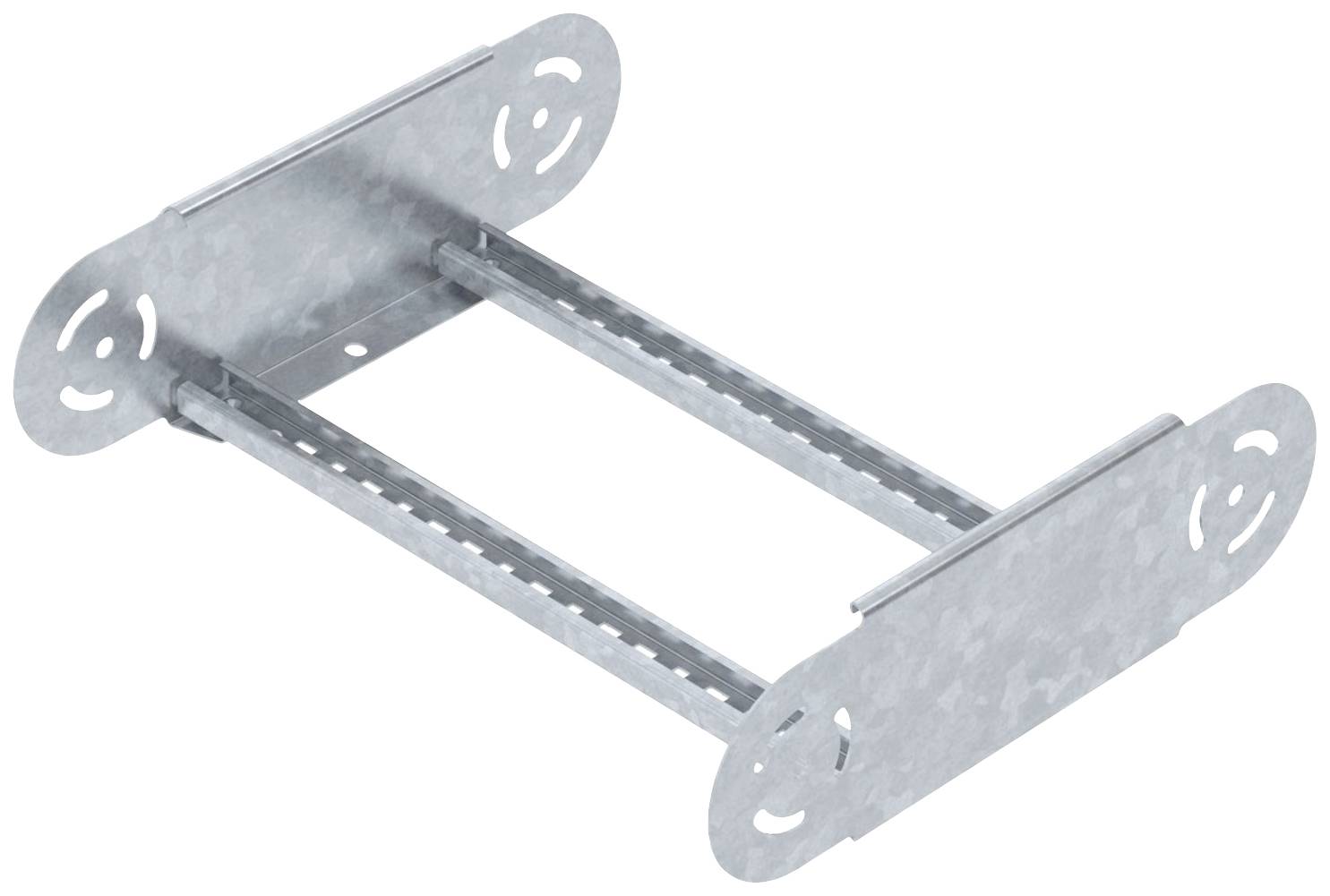 Metallischer Verbindungsmechanismus mit zwei parallelen Streben und ovalen Endplatten, wahrscheinlich für Bau- oder Montagezwecke.