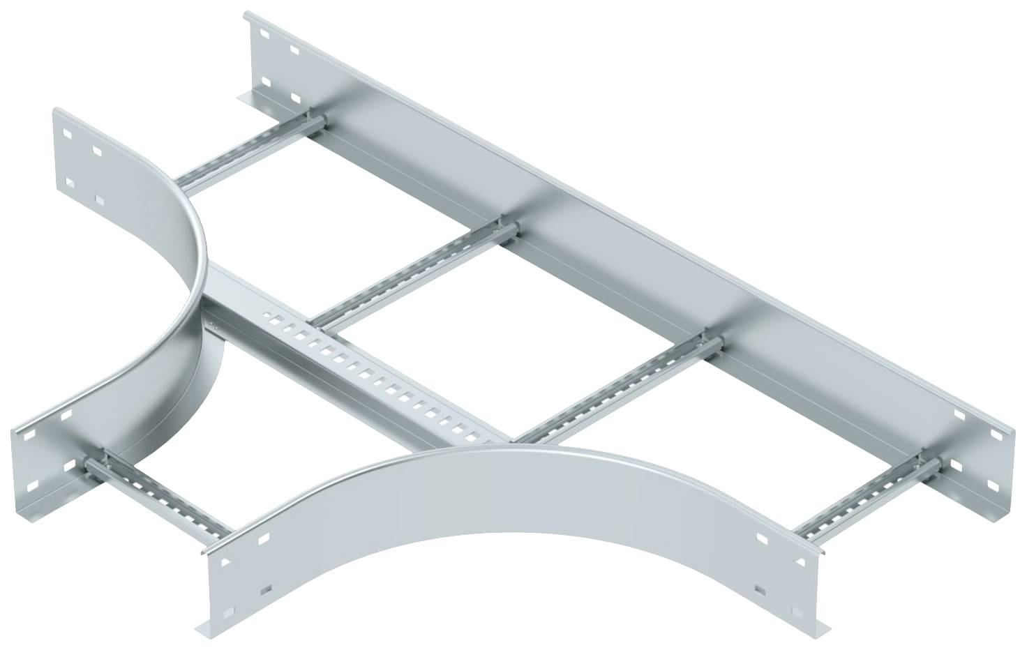 Kabelrinne mit gebogenen Seiten zur Führung und Unterstützung von Kabeln. Rechteckige Grundform aus Metall mit mehreren Verbindungsstellen.