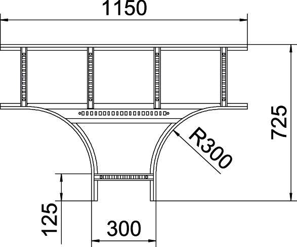 Technische Zeichnung einer Brückenkonstruktion mit Maßen: Gesamtbreite 1150 mm, Höhe 725 mm, Bogenradius 300 mm, Sockelhöhe 125 mm.