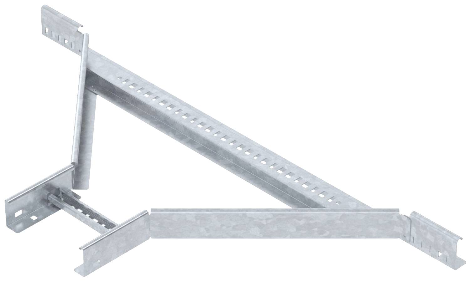 Ein verzinkter Metallwinkelhalter mit drei Seitenarmen, die für die Befestigung von Kabelrinnen verwendet werden können.