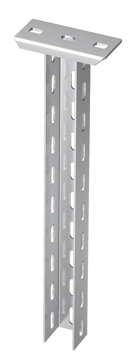 Metallhalterung mit einem rechteckigen, flachen Kopf und zwei vertikalen, gelochten Streben zur Befestigung.