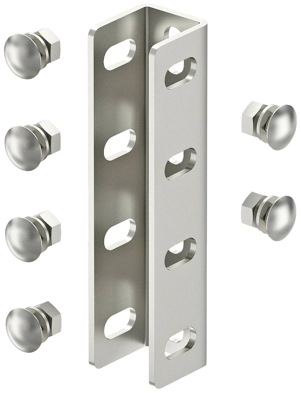 Metallwinkel mit Löchern für Schraubmontage, dargestellt mit sechs Bolzen.