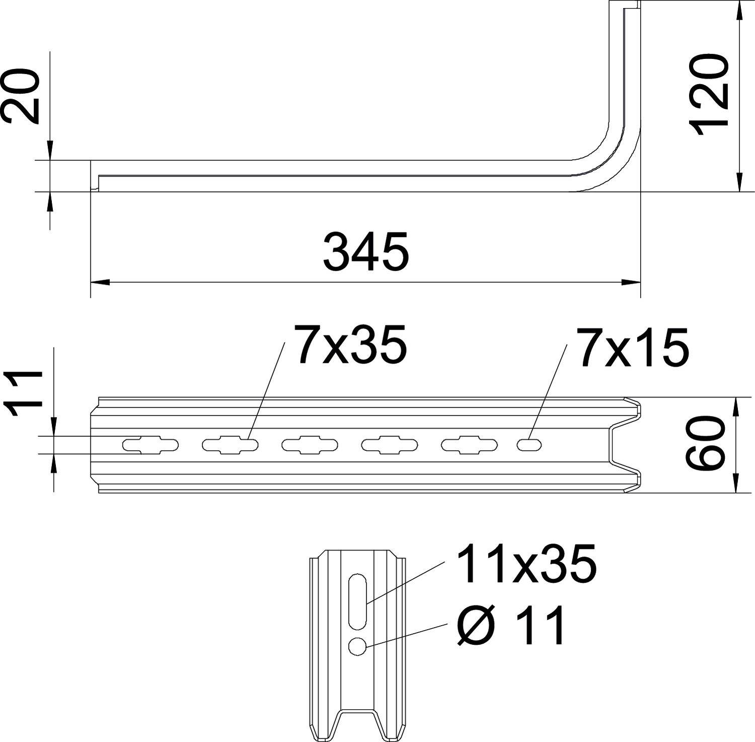 Technische Zeichnung eines Metallprofils mit Maßen: 345 mm Länge, 120 mm Höhe, 60 mm Breite, mit Bohrungen von 11 mm Durchmesser.