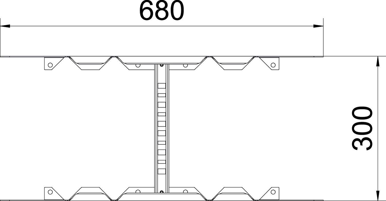 Technische Zeichnung eines Querschnitts mit Maßen: Breite 680 mm, Höhe 300 mm. Details zeigen strukturelle Elemente und symmetrische Ausrichtung.