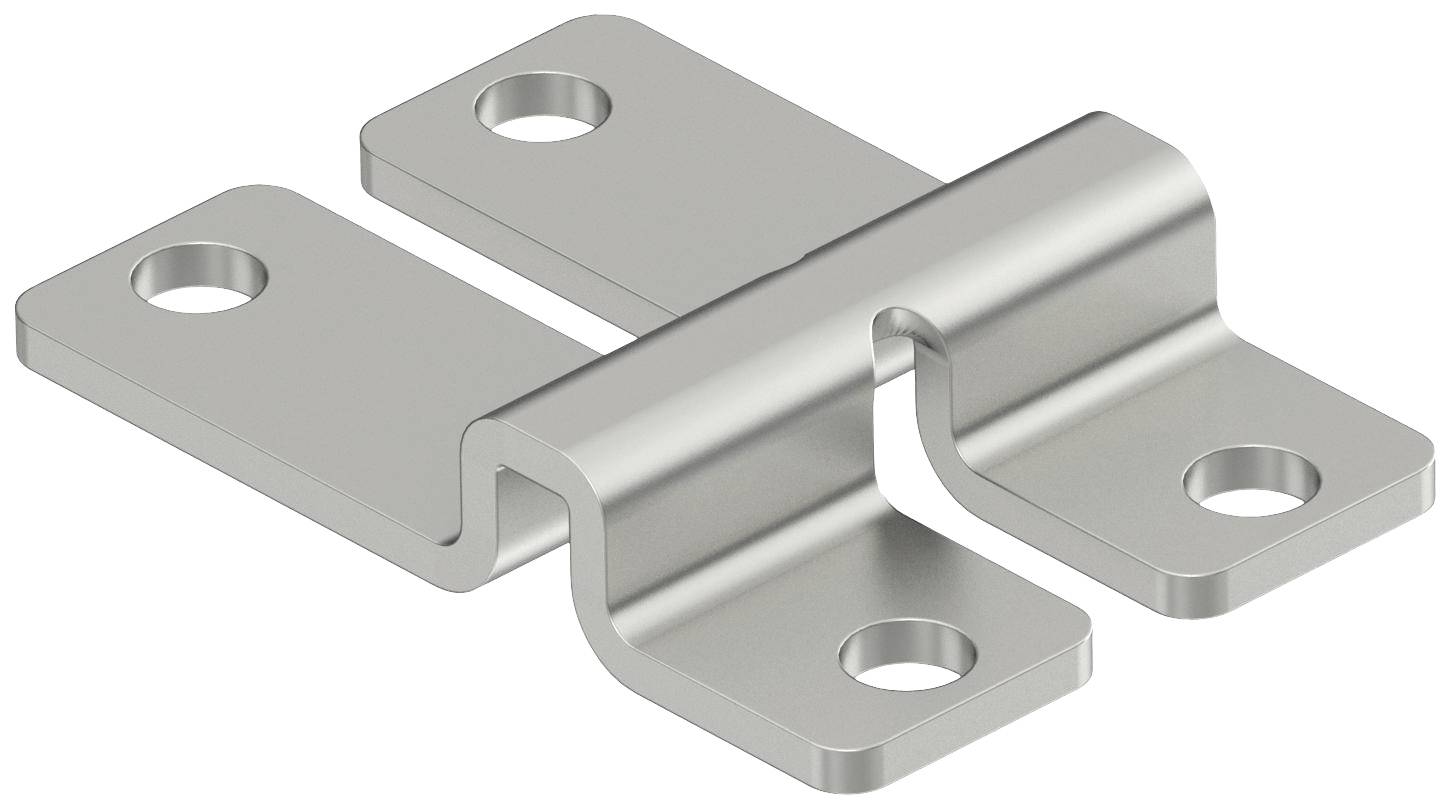 Metallbeschlag mit zwei flachen Platten, verbunden durch einen gebogenen Mittelteil. Jede Platte hat zwei Befestigungslöcher.